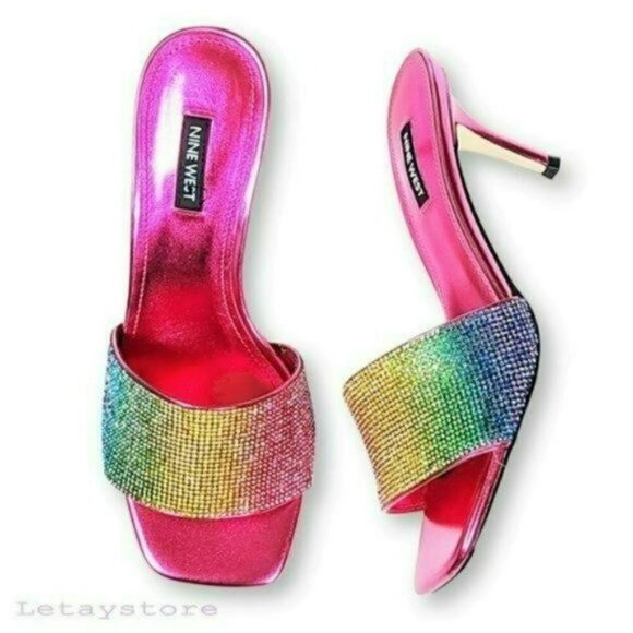 NWT Nine West Rhinestone Rainbow Embellished Slip-On Heels - Picture 4 of 8
